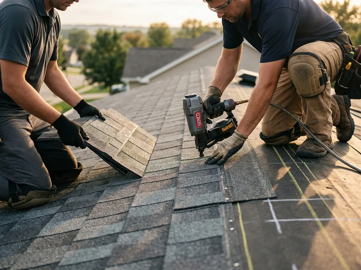 Professional roofer working on a residential roof in West Goshen